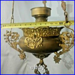 Antique brass hanging oil lamp ornate chain fixture parts