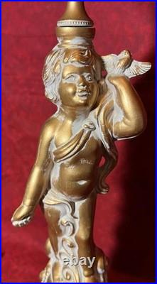 Cast Metal Spelter Figural Cherub Cupid Putti Accent Tabel Boudoir Lamp Light