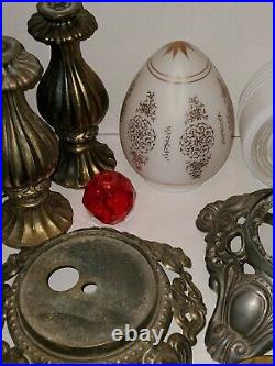 HUGE Vintage Lamp Parts Lot 30 Pieces! Cast Metal, Glass