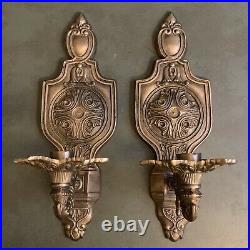 Heavy Pair Very Decorative Antique Brass Wall Sconce Candle Holders Rare SOC35