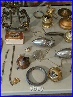 Huge Lot Of Vintage Antique Lamp Parts Oil Hanging Burners Crown Brass Parts
