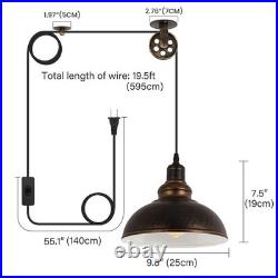 Industrial Plug in Pulley Pendant Light with 19.5ft Cord On/Off Switch, Vinta
