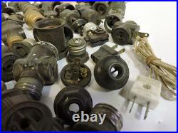 Lot Of 85 Antique Lamp Light Parts Socket Cord Plug Pull Chain Bulb Outlets
