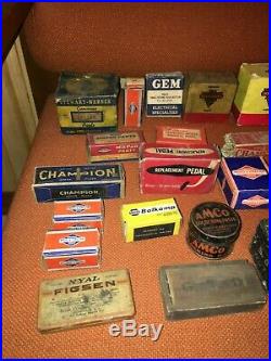 Lot Vtg Auto Parts 1940 thru 1970 GM Mopar Chevrolet Mazda Lamps Org Tins & Box