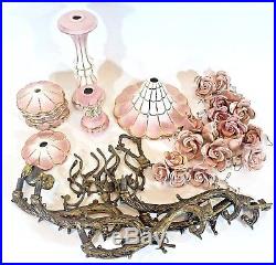 Lot Vtg Lamp Parts Porcelain Flower Columns Metal Chandelier Other Arts Crafts