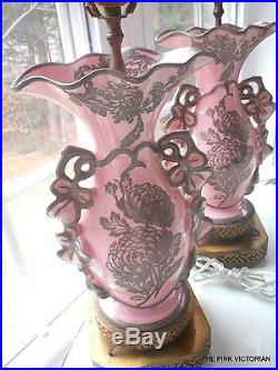 MATCHING pair of ANTIQUE vintage 25 lamps LIGHT PINK urn SILVERY gray accent