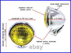 Moto Phare Jaune Lentille 4 3/4 Vintage Rétro Choc Barre Lampe en Chrome