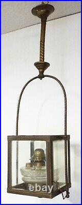 Old Antique Brass & Glass SQUARE Design HANGING HALL LAMP Lamp Parts