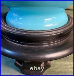 Old Vintage Blue Glass Painted Opaline Color Asian MCM Lamp Light Wood Base