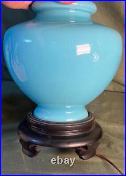 Old Vintage Blue Glass Painted Opaline Color Asian MCM Lamp Light Wood Base