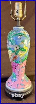 Old Vintage Nippon Porcelain Vase Enamel Painted Bird Urn Lamp Wood Base Japan