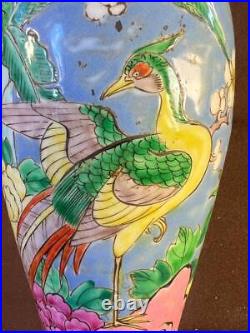 Old Vintage Nippon Porcelain Vase Enamel Painted Bird Urn Lamp Wood Base Japan