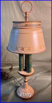 Old Vintage Small Tole Painted Metal Shade & Base End Table Desk Lamp Light