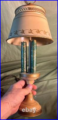 Old Vintage Small Tole Painted Metal Shade & Base End Table Desk Lamp Light