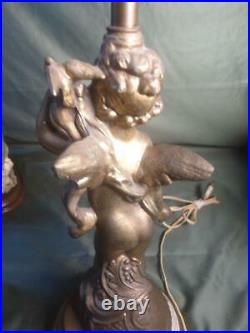 Old Vintage Winged Cherub Metal Angel Cupid Putti Statue Table Lamp Light Figure