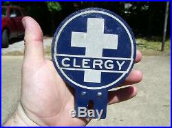 Original 1950s Clergy auto emblem badge vintage scta GM Ford Chevy plate topper