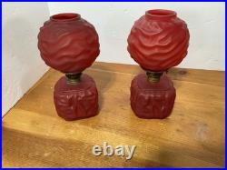 Pair Antique Cased Red Satin Glass Miniature Oil Lamp Drape Pattern P&A BURNERS