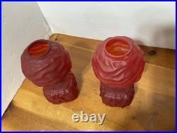 Pair Antique Cased Red Satin Glass Miniature Oil Lamp Drape Pattern P&A BURNERS