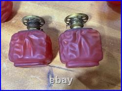 Pair Antique Cased Red Satin Glass Miniature Oil Lamp Drape Pattern P&A BURNERS