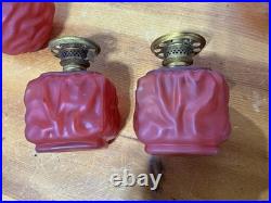 Pair Antique Cased Red Satin Glass Miniature Oil Lamp Drape Pattern P&A BURNERS