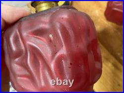 Pair Antique Cased Red Satin Glass Miniature Oil Lamp Drape Pattern P&A BURNERS