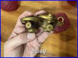 Pair Antique Cased Red Satin Glass Miniature Oil Lamp Drape Pattern P&A BURNERS