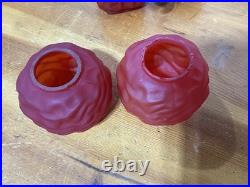 Pair Antique Cased Red Satin Glass Miniature Oil Lamp Drape Pattern P&A BURNERS
