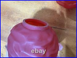Pair Antique Cased Red Satin Glass Miniature Oil Lamp Drape Pattern P&A BURNERS