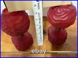 Pair Antique Cased Red Satin Glass Miniature Oil Lamp Drape Pattern P&A BURNERS