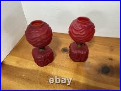 Pair Antique Cased Red Satin Glass Miniature Oil Lamp Drape Pattern P&A BURNERS