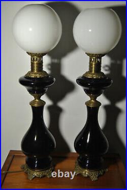 Pair Large Lamp Oil Antique 19 Century XIX ° Bronze Parts Globe Glass