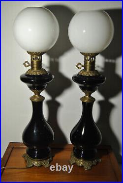 Pair Large Lamp Oil Antique 19 Century XIX ° Bronze Parts Globe Glass