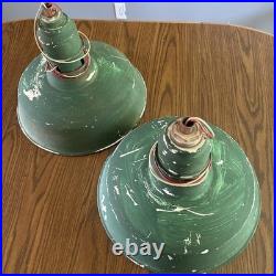 Pair (Qty2)Vtg 16 Green Porcelain Enamel Gas Station Barn Light Lamp Parts Only