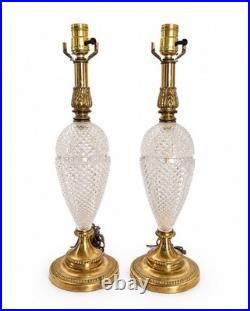 Pair Vintage Brass Rembrandt Style Cut Glass Tall Buffet Lamps Brass Fittings
