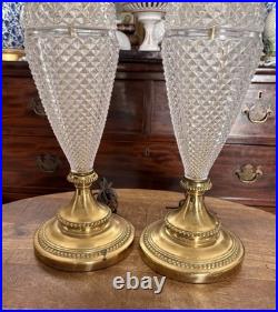 Pair Vintage Brass Rembrandt Style Cut Glass Tall Buffet Lamps Brass Fittings