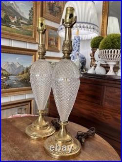 Pair Vintage Brass Rembrandt Style Cut Glass Tall Buffet Lamps Brass Fittings