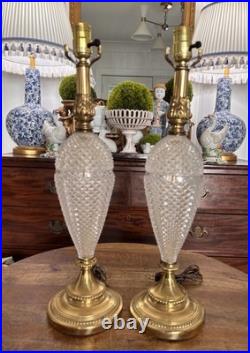 Pair Vintage Brass Rembrandt Style Cut Glass Tall Buffet Lamps Brass Fittings