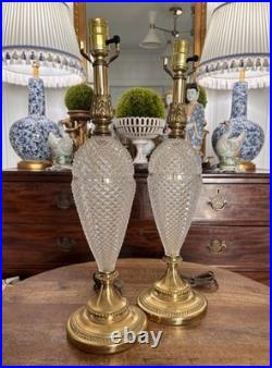 Pair Vintage Brass Rembrandt Style Cut Glass Tall Buffet Lamps Brass Fittings