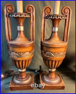 Pair of Two 2 Old Vintage Carved Wood Painted Handled Urns Wooden Urn Lamps Set