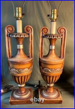 Pair of Two 2 Old Vintage Carved Wood Painted Handled Urns Wooden Urn Lamps Set