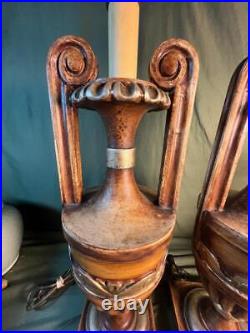 Pair of Two 2 Old Vintage Carved Wood Painted Handled Urns Wooden Urn Lamps Set