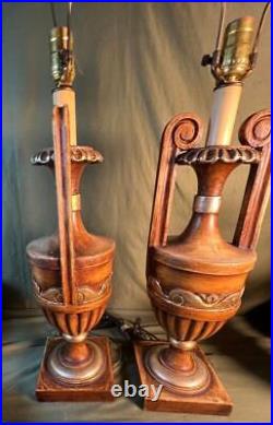 Pair of Two 2 Old Vintage Carved Wood Painted Handled Urns Wooden Urn Lamps Set