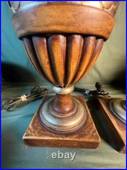 Pair of Two 2 Old Vintage Carved Wood Painted Handled Urns Wooden Urn Lamps Set