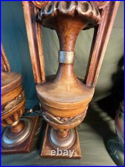 Pair of Two 2 Old Vintage Carved Wood Painted Handled Urns Wooden Urn Lamps Set