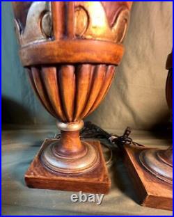 Pair of Two 2 Old Vintage Carved Wood Painted Handled Urns Wooden Urn Lamps Set