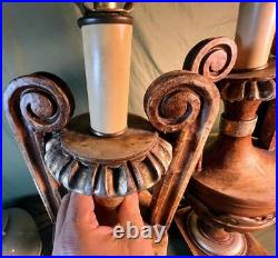 Pair of Two 2 Old Vintage Carved Wood Painted Handled Urns Wooden Urn Lamps Set