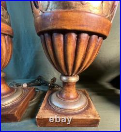 Pair of Two 2 Old Vintage Carved Wood Painted Handled Urns Wooden Urn Lamps Set