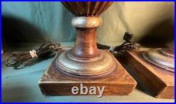 Pair of Two 2 Old Vintage Carved Wood Painted Handled Urns Wooden Urn Lamps Set