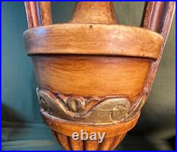 Pair of Two 2 Old Vintage Carved Wood Painted Handled Urns Wooden Urn Lamps Set