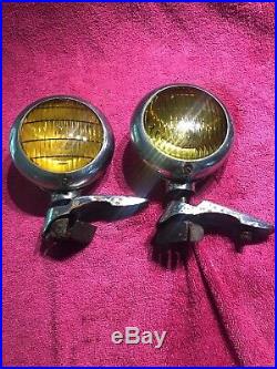 Rare pair 1949 1950 FORD CAR Amber fog Light w brackets early HALL LAMP vintage